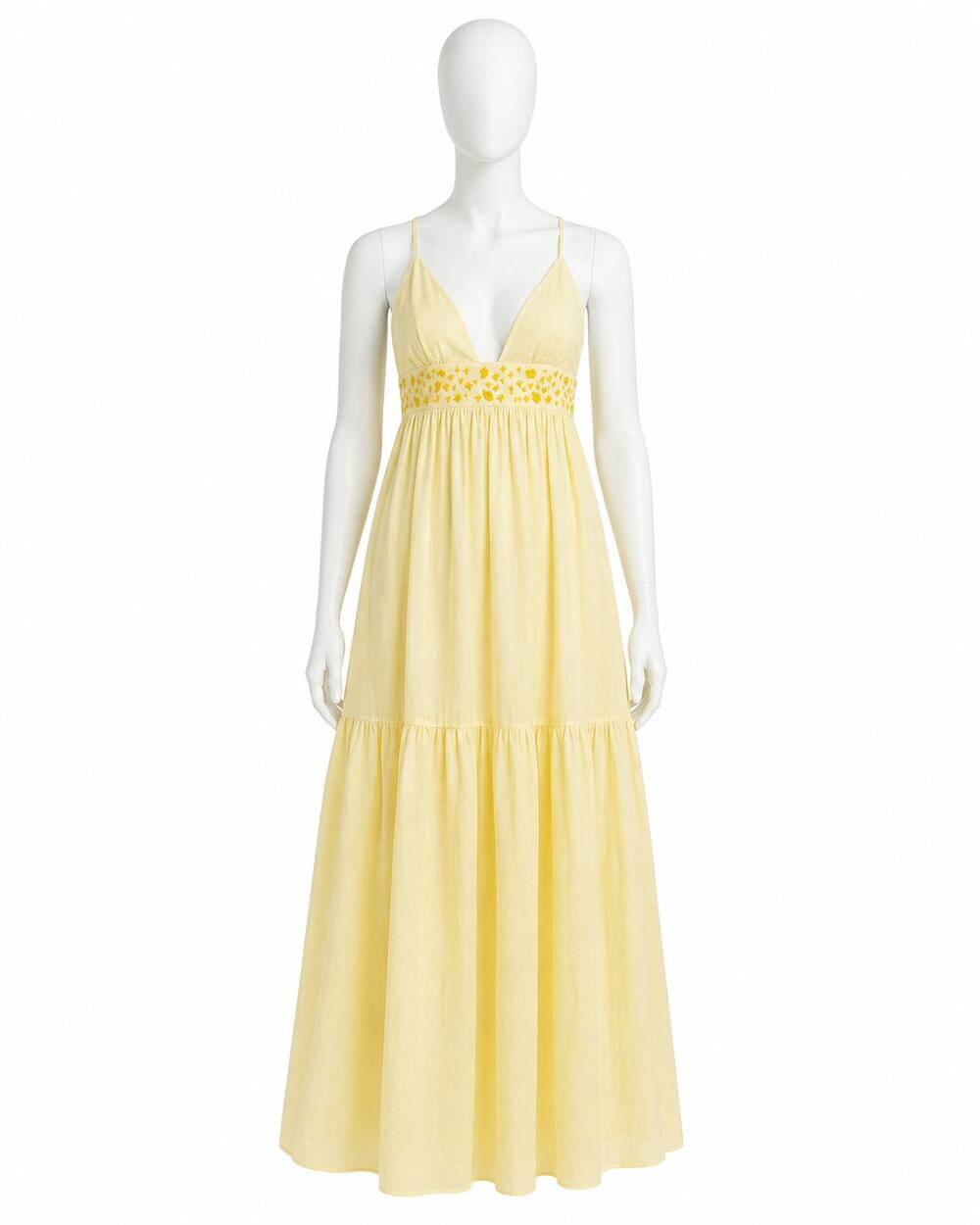 Fanm Mon Ruzgar Linen Maxi Dress XL Yellow Embroidered Tiered NWT romantic